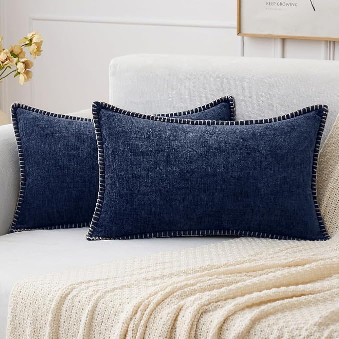 MIULEE Pack of 2 Lumbar Throw Pillow Covers 12x20 Inch Navy Blue Farmhouse Decorative Pillow Covers with Stitched Edge Soft Chenille Solid Dyed Pillow Covers for Couch Sofa Bed Living Room