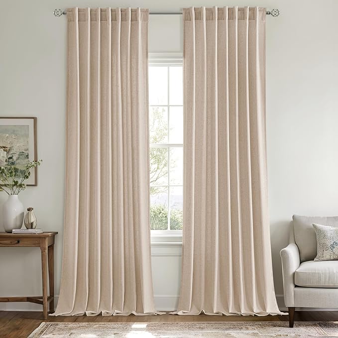 MIULEE Non-See-Through Privacy Linen Curtains 2 Panels, Light Filtering Window Curtains Farnhouse Textured Back Tab Semi Sheer Drapes for Bedroom Living Room, 52 x 96 Inches Long, Beige