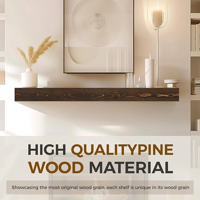 Fireplace Mantel Handmade, 3'' Thick Wall Decor Long Floating Shelf, 48inch Rustic Wood Shelf with Invisible Brackets, Brown