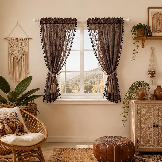 WAZZIO Boho Lace Curtains 2 Panels 63 Inch -Victorian Sheer Panel Drape French Country Floral Pattern & Tassel Light Filtering Privacy for Bedroom Dining Living Room,Rustic Style,Brown,W52x L63