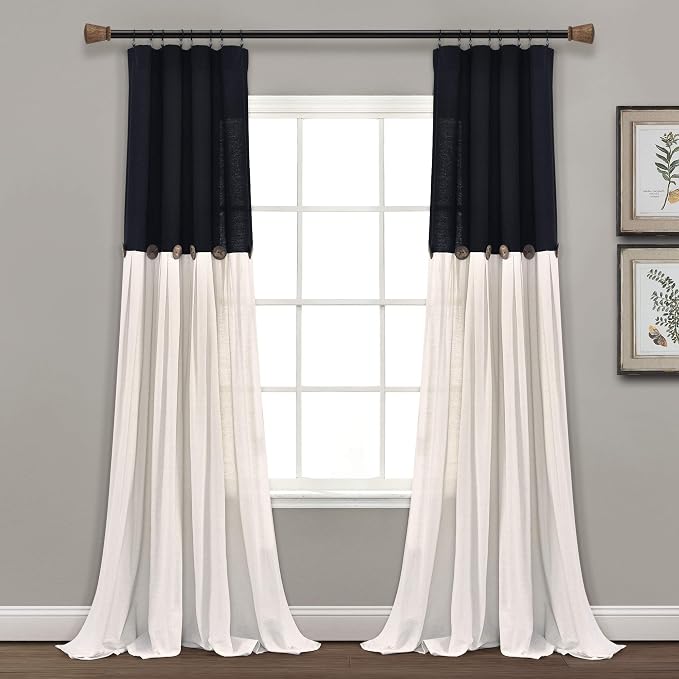Lush Decor Linen Button Window Curtain Panel, Single, 40" W x 84" L, Black & Off White- Country Curtains - Rustic Decor - Color Block - Modern Farmhouse Curtains