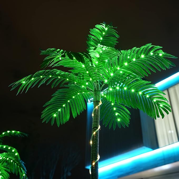Solar Artificial Palm Tree Christmas Tree 7Ft 3Trunks 260LED Lighted Simulation Tropical Palm Tree Fake Plant Light for Patio Home Office Beach Yard Cruise Party Tiki Bar Decorations