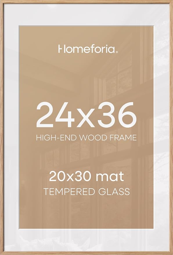 Homeforia 24x36 Poster Frame Wood, High End Natural Oak 24 x 36 Large Picture Frame with Mat 20 by 30, 24x36 Light Wooden Frames Matted to 20x30 Photo, 36x24 Frames, Tempered Glass, Wall Kit, Set of 1