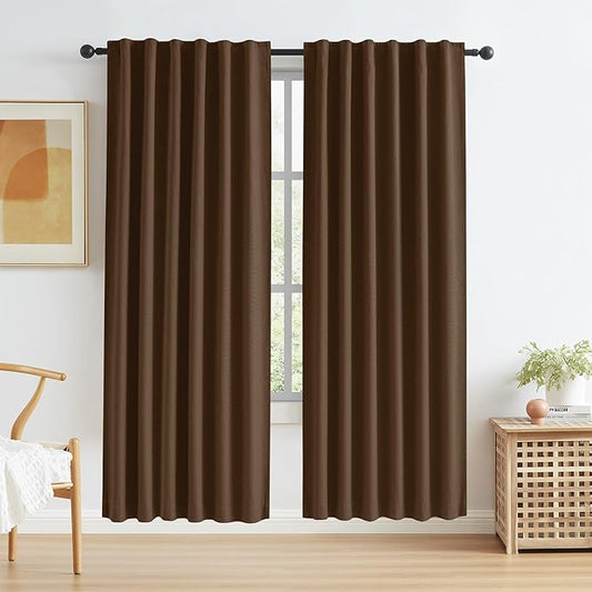 KEQIAOSUOCAI Full Blackout Curtains Faux Linen Poyester Fabric Back Tab Rod Pocket Hook Belt Style Noise Reducing Thermal Inuslated Drapes 2 Panels 50 by 72 Inches Long Dark Brown