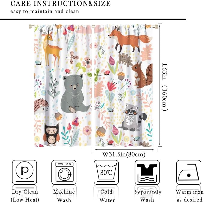 Rustic Animal Curtains, Wild Forest Animal Bear Fox Deer Kids Window Treatments for Living Room Bedroom, Farmhouse Woodland Blackout Drapes 2 Panel Sets, 63x63 Inch