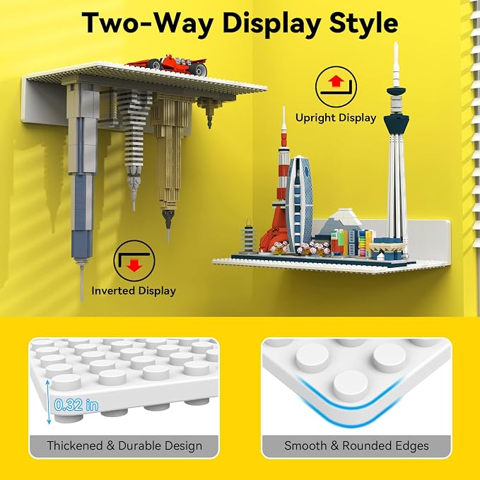 BlissBox 8-Pack Large Display Shelves for Wall Compatible with Lego Building Bricks, 11.3x6.3inch Dual-Sided 36x20 Studs for Brick Display and Storage, for Medium & Large Brick Builds, White