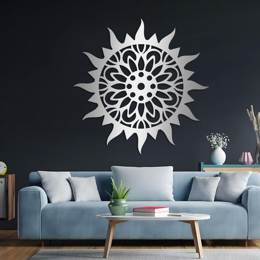 Sunburst Metal Wall Decor - Metal Sun Flower Wall Art, Outdoor Sun Wall Art, Sunburst Home Decor for Living Room & Patio (Silver, 24"x24"|60x60cm)