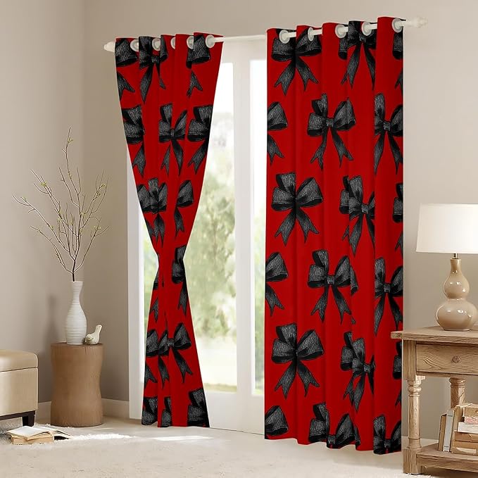Erosebridal Red Black Bow Kids Window Treatments Watercolor Bowknot Girls 38" Wx54 L Window Curtain Cute Bow Tie Curtain Kawaii Dreamy Bows 30%-50% Blackout Curtains for Bedroom