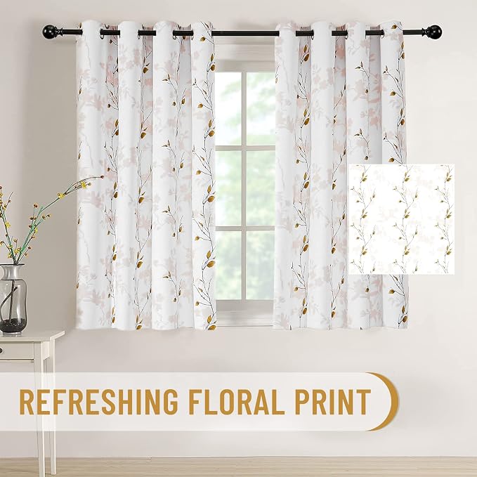 Joydeco Floral Curtains 63 Inches Long for Bedroom 2 Panels, Room Darkening Curtains Patterned Panels for Living Room with Grommet, 80% Blackout Leaf Printed Drapes(Leaf Brown-63)