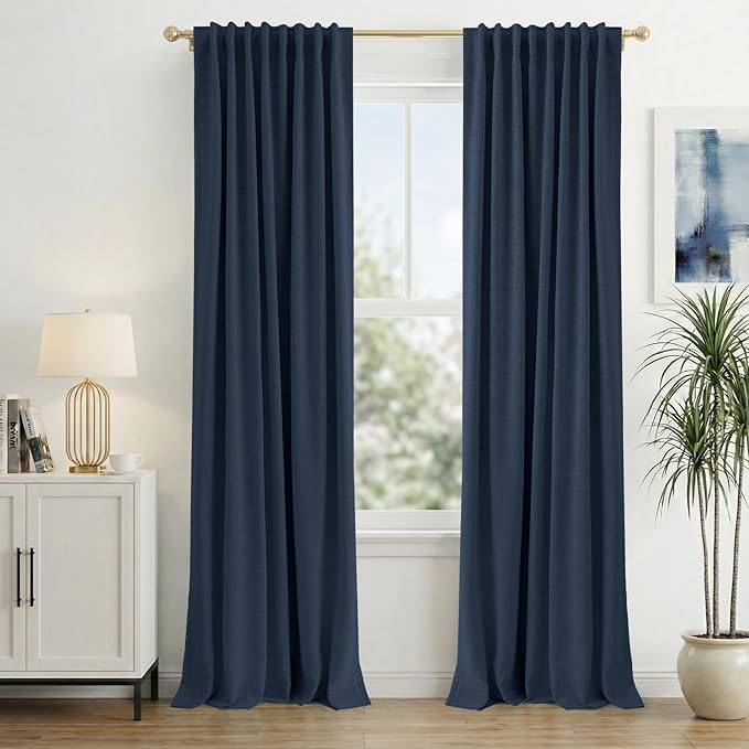 INOVADAY 100% Blackout Curtains 90 Inches Length 2 Panels Set, Back Tab/Rod Pocket Linen Black Out Curtains for Bedroom, Thermal Insulated Window Drapes - Midnight Blue, W50 X L90