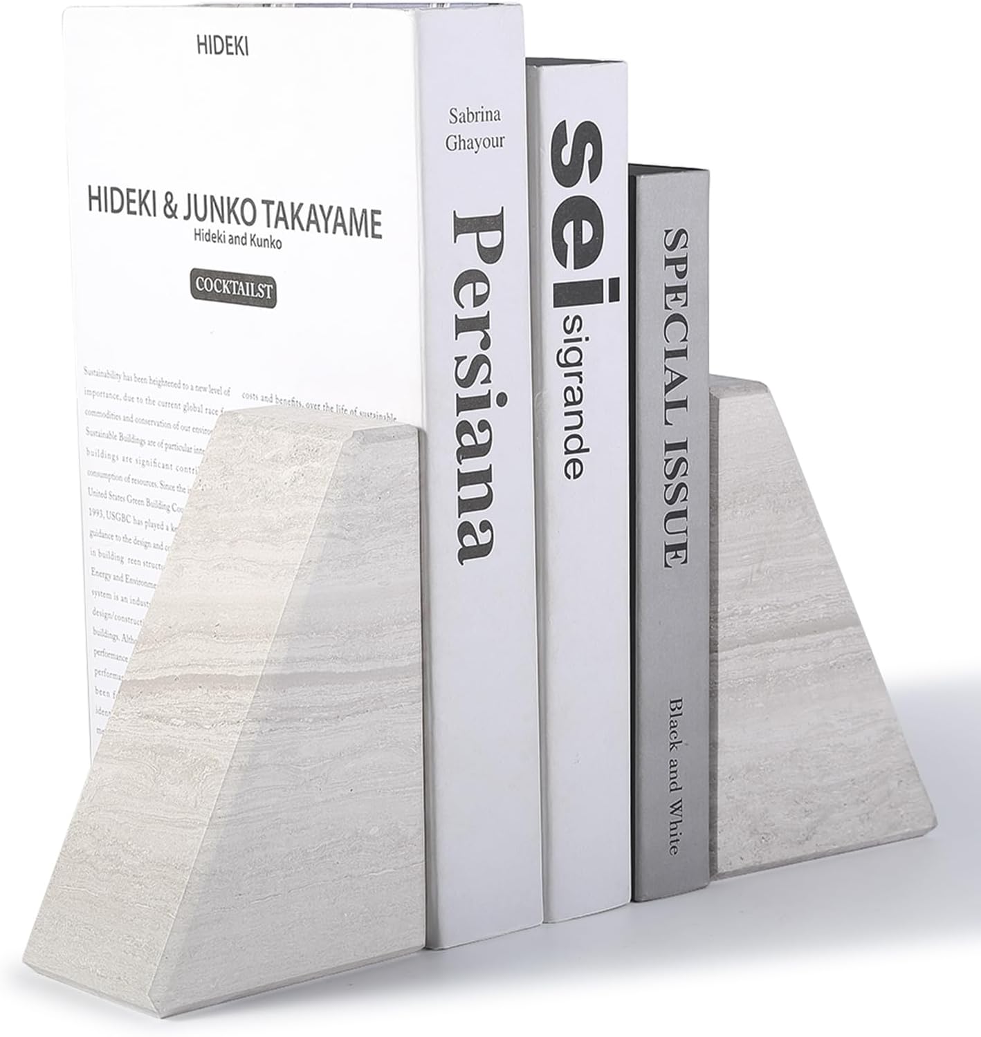 Marble Book Ends for Heavy Books, Decorative Bookends for Shelves, Durable and Heavy-Duty Bookends for Hardback Book & CDS, Off-White Unique Books Stopper & Holder, Set of 2