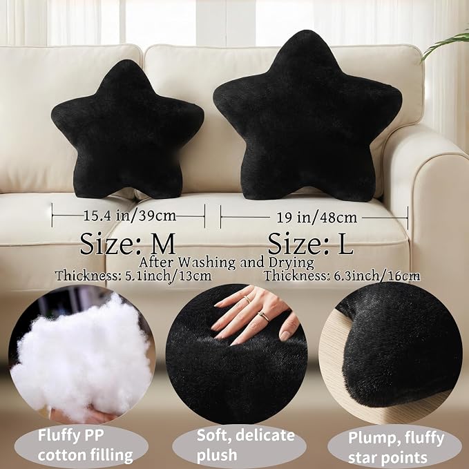 Star Shaped Pillow 15.4" Soft Black Decorative Throw Pillows for Bed Couch | Soft Plush Back Cushions, Cuddling Pillows, Aesthetic Room Decor for Bedroom Living Room, Gift for Kids Boys Girls Teens