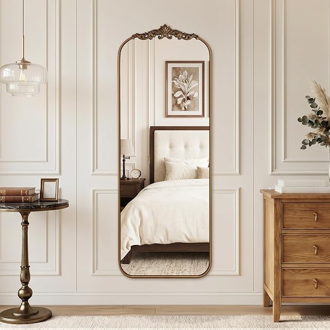 Vintage Gold Arched Full Length Mirror 56"x21" with Metal Frame | Ornate Baroque Design,HD Tempered Glass,Wall Mount,Antique Gold Finish