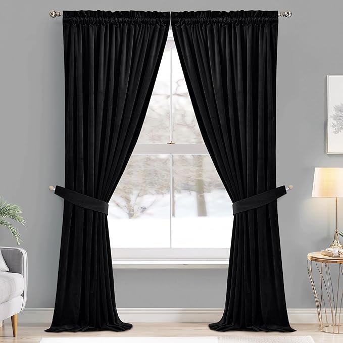 StangH Black Blackout Curtains for Sliding Door, W62 x L84 inches, 2 Panels | 300GSM Soft Heavy Velvet, Thick Privacy Room Dividers, Thermal Insulated, Noise Reducing, Bedroom, Home Office, Dining Room