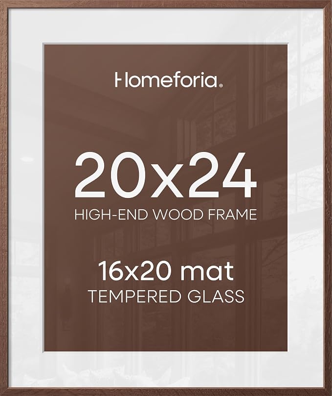 Homeforia 20x24 Picture Frame Brown, High End Dark Oak 20x24 Walnut Wooden Poster Frames with Mat 16x20, 20 x 24 Wood Frame Matted to 16 by 20, 24x20 Hanging Frames, Tempered Glass, Wall Kit, Set of 1