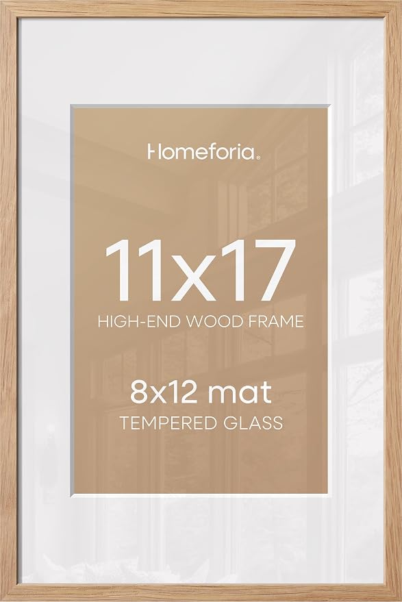 Homeforia 11x17 Wood Frame, High End Natural Oak 11x17 Light Wooden Picture Frame with Mat 8x12, 11 x 17 Poster Frames Matted to 8 by 12 Photo, 17x11 Hanging Frames, Tempered Glass, Wall Kit, Set of 2