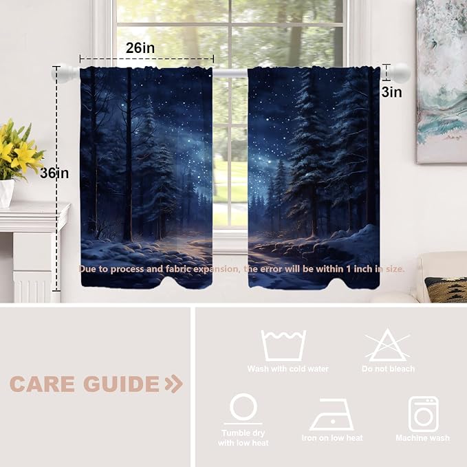 Shrahala Winter New Year Blackout Curtain Tiers, Stars Forests Snow Night Kitchen Valance Light Blocking Tier Drapes with Rod Pocket, 2 Pack 26 X 36 in