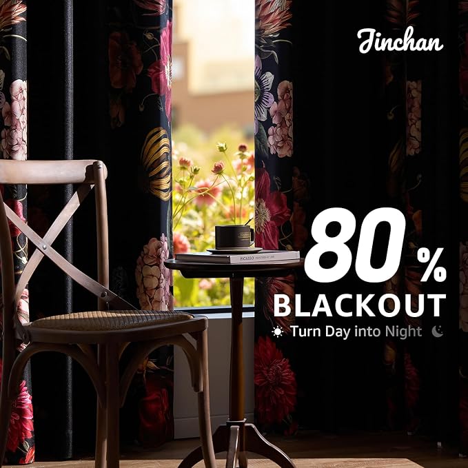 jinchan Hannah Floral Blackout Curtains with Retro Vintage Black Boho Flower Print Drapes for Bedroom Living Room Fall Decor Window Curtains Room Darkening 84 Inches Length 2 Panels Set with Grommet