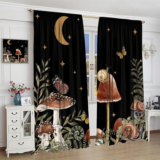 Retro Mushroom Blackout Curtains,Snail Butterfly Window Drapes,Boho Night Plants Leaves Moon Star Botanical for Living Room Kitchen Bedroom,Black Background 63x63in