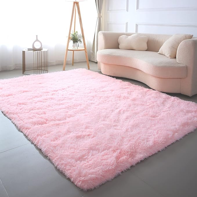 CAIYUECS Pink Area Rug for Girls Bedroom: Shag Rugs for Living Room - 4x6 Feet Non-Slip Modern Furry Faux Fur Rugs for Nursery Kids Room,Fuzzy Plush Rug for Dorm Home Decor