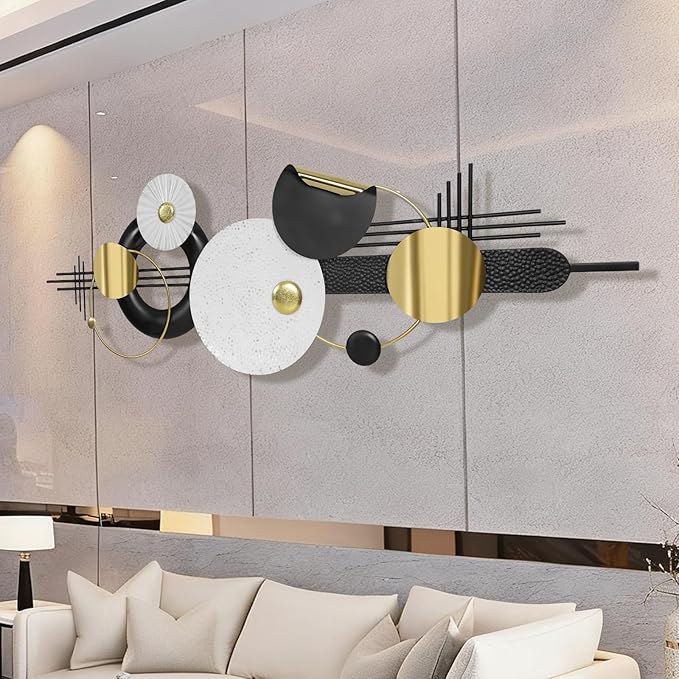 Lucky Large Modern Abstract Metal Wall Art Decor 59.1" x 21.3" Modern Geometric Abstract Wall Sculptures Circle Hanging Wall Decor for Indoor Outdoor Living Room Dinning Room Bedroom Entryway