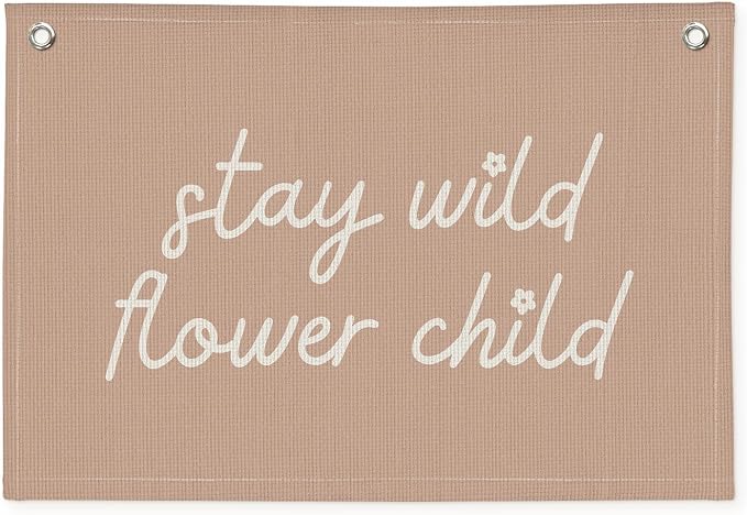 Pink Girls Room Nursery Decor, Stay Wild Flower Child Linen Canvas Banner Wall Hanging Flag Decor for Little Toddler Baby Girls Room Playroom, Baby Shower Girl Decorations