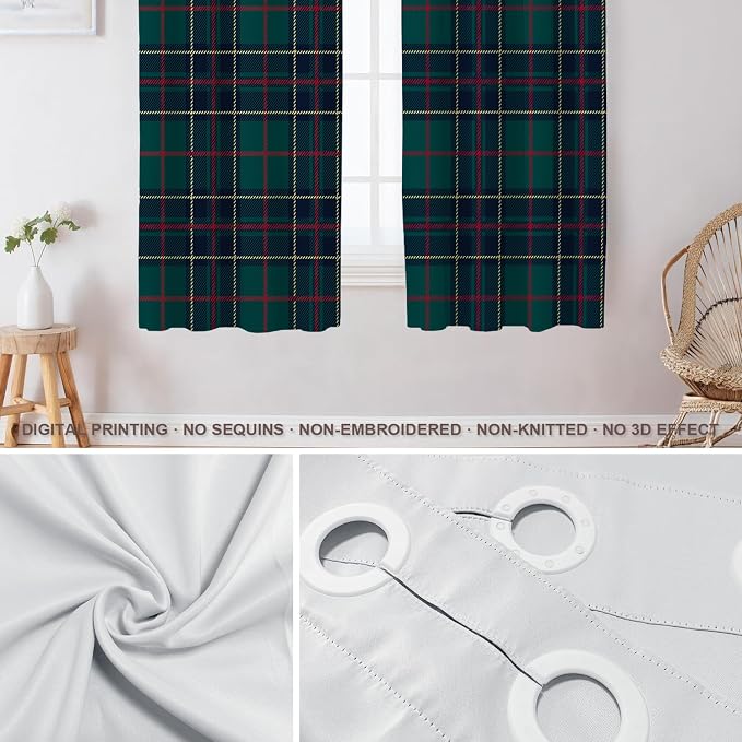 Shrahala Tartan Plaid Blackout Window Curtains, Green Scottish Fabric Kilt Twill Woven Thermal Insulated Curtains Grommet Top Window Drapes for Living Room, Bedroom (2 Panels,52 x 63 in)