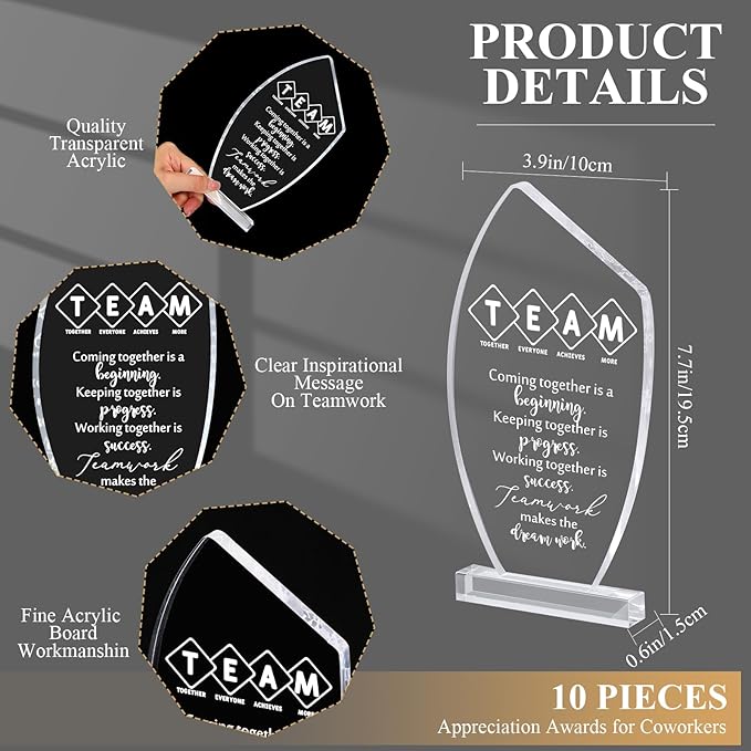 10 Pcs Employee Appreciation Gift Awards for Coworker Acrylic Social Worker Trophy May You Be Proud of The Work You Do Sign Prizes Gift for Volunteer Teacher Nurse Secretary Admin Assistant(Team)