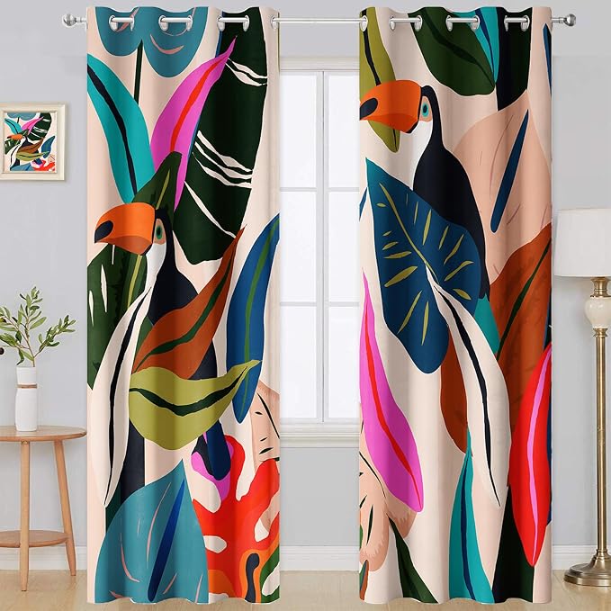 Colorful Tropical Blackout Curtains, Abstract Palm Leaf Boho Jungle Toucan Birds Window Drapes, Darkening Grommets for Living Room Bedroom Decor 2 Panels 52"X84" Inches