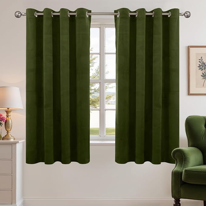 YoungsTex Olive Green Velvet Curtains 63 Inches Length for Living Room, Grommet Thermal Insulated Window Drapes Privacy for Bedroom, 2 Panels, 52 X 63 Inch