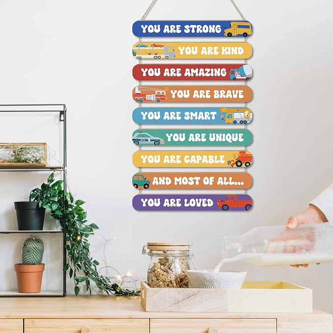 MONALET Inspirational Construction Cars Wall Art Decor for Boys Room Nursery Baby Kids Playroom Bedroom Door, Motivational Hanging Wood Signs Decorations, Positive Affirmations Wooden Plaque, 12x19