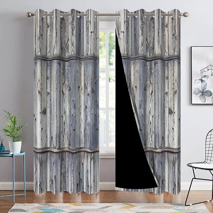 Wooden Barn Doors Kitchen Curtains,Wood Planks Rustic Farm Farmhouse Window Curtains Country Retro Western Vintage Grey Window Curtain Treatments Bedroom Living Room Decor,26x84 inch,2 Panels