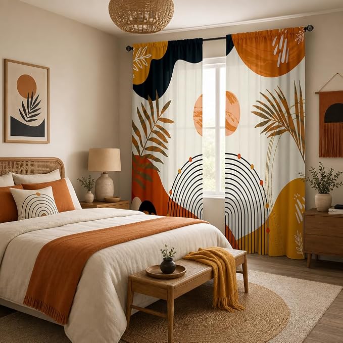 Boho Mid Century Abstract Leaves Curtains 52X84Inch Rainbow Living Room Curtain 2Pc Burnt Orange Curtains for Bedroom Modern Geometric Drapes Yellow Plant Colorful Curtain