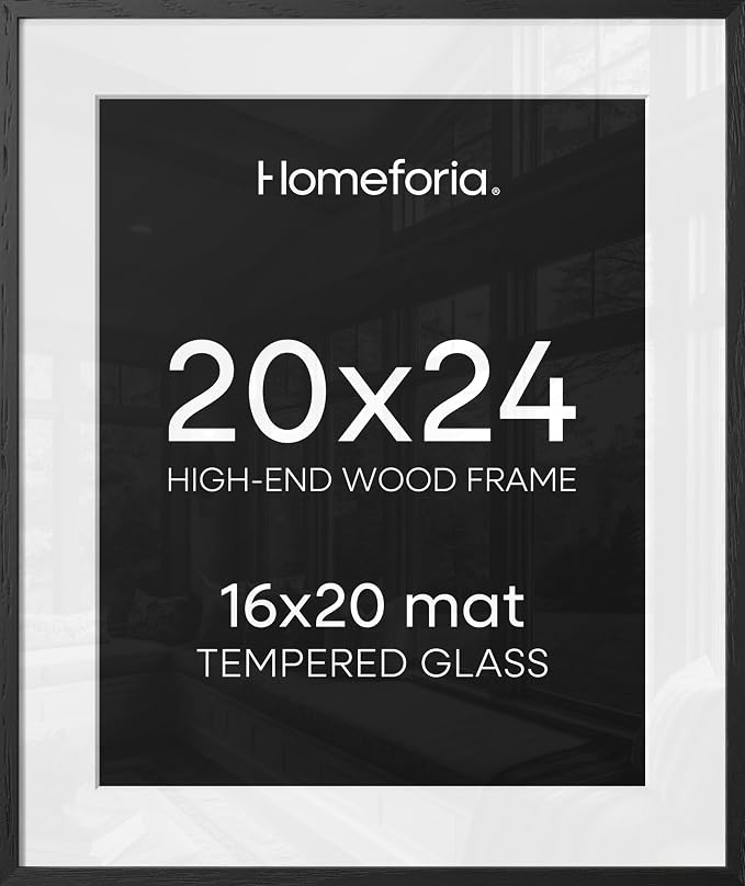 Homeforia Black Wood Frame 20x24, High End Oak 20x24 Wooden Picture Frames with Mat 16x20 Photo, 20 x 24 Poster Frame Matted to 16 by 20 Print, 24x20 Hanging Frames, Tempered Glass, Wall Kit, Set of 3
