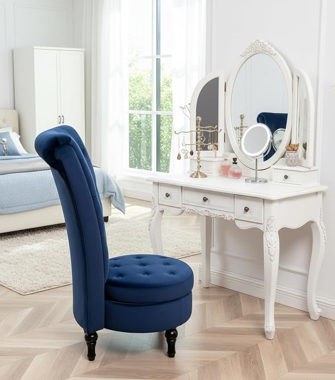 Container Furniture Direct Royal High-Back Velvet Accent Chair for Vanity with Storage and Luxurious Upholstery, Retro Design and Versatile Usage for Living Room, Bedroom, Lounge and Office, Dark Blue