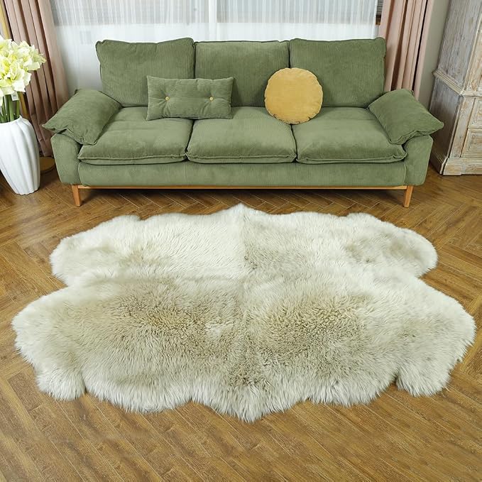 LLB Genuine Sheepskin Area Rug Fur Carpet Fluffy Shaggy Fur Rug for Living Room Kids Bedroom Real Sheepskin Throw Lambskin Aesthetic Rugs Sofa Mat Chair Seat Covers (Cream Brown, 4ft x 6ft Sheepskin)