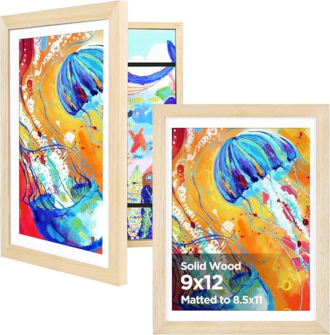 KINLINK 9x12 Kids Art Frame 2 Pack, Solid Wood Artwork Frames Changeable, Front Opening Hold 150 Pictures, Art Frames for Kids Artwork, 8.5x11 with Mat 9x12 without Mat, Picture Frames Natural