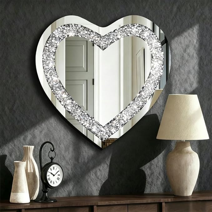 DMDFIRST Crystal Crush Diamond Heart Shaped Silver Mirror for Wall Decoration 24x24x1 inch Wall Hang Frameless Mirror Acrylic Diamond Décor.