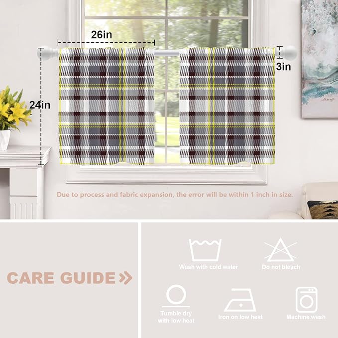 Shrahala Grunge Vintage Art Plaid Blackout Curtain Tiers, Tartan Grey Kitchen Valance Light Blocking Tier Drapes with Rod Pocket, 2 Pack 26 X 24 in