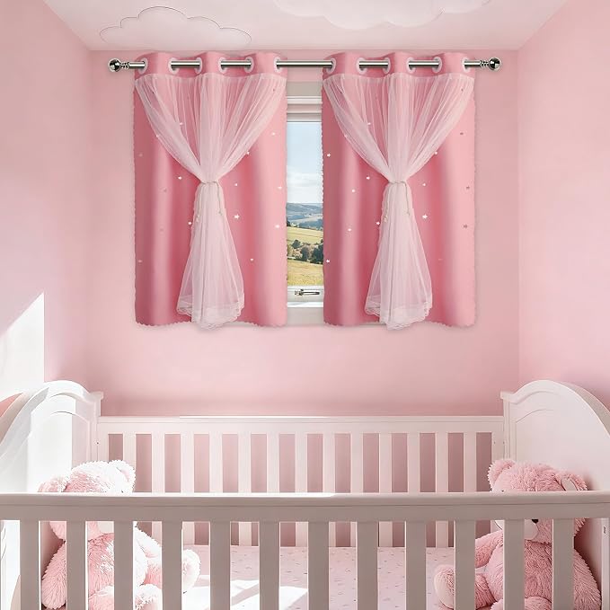 Pink Curtains Cute Blackout Curtains for Girls Room 45 Inches Short 2 Panels Star Cutout Nursery Curtains & Drapes Double Layer with Lace Bedroom Decor Window Treatments 45 Inch Length