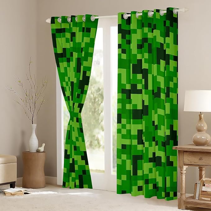 Green Pixelated Miner Curtains,Video Games Kids Window Curtain,Curtains for Boys Bedroom Decor,Cartoon Gamepad Blackout Window Treatment Curtain Modern Geometric Check Drapes, 2 Panels Set ,38Wx54L