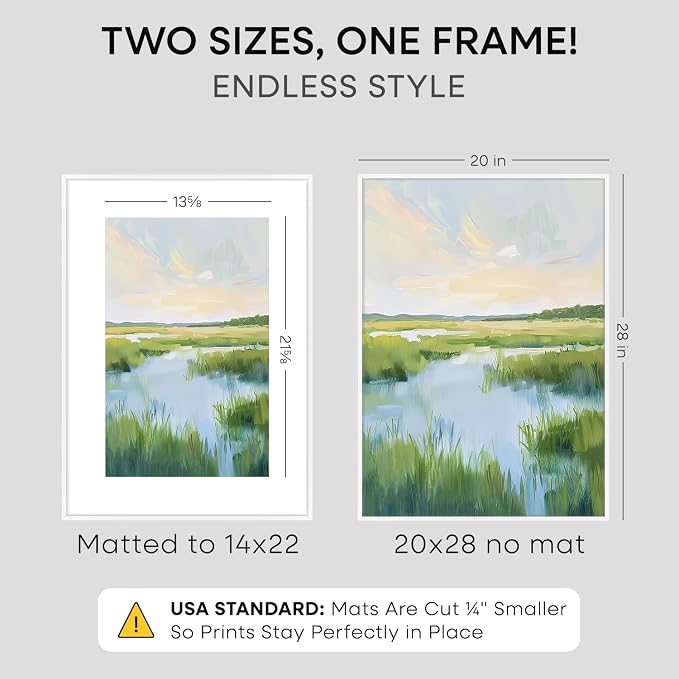 Homeforia 20 x 28 Picture Frame White, High End Metal 20x28 Poster Frames with Mat 14x22 for Photo, 20 x 28 White Frame Matted to 14 x 22 Print, 28x20 Hanging Frame, Tempered Glass, Wall Kit, Set of 1