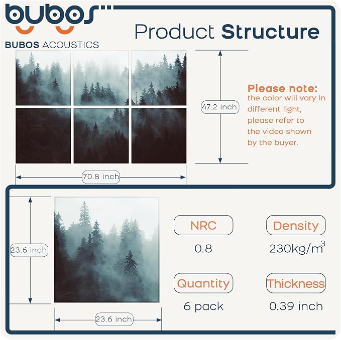 BUBOS 6 Pack Acoustic Wall Panels - High-Density Polyester Sound Absorbing Panels, Decorative Print Treatment for Recording Studio & Home Office, Peel and Stick, 23.6" x 23.6"