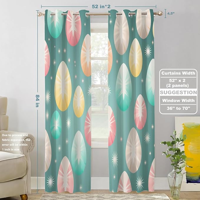 Shrahala Easter Eggs Stars Thermal Insulated Blackout Window Curtains, Colorful Easter Egg Pattern Long Drapes for Bedroom/Living Room with Plastic Grommet, 52X84 Set of 2