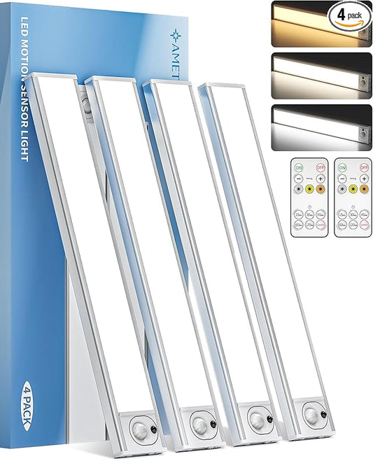 12inch Under Cabinet Lighting with Remote, 2400mAh Rechargeable Motion Sensor Light Indoor, Wireless Closet Lights, Dimmable, 3 Color Temps, Magnetic for Kitchen, Stairs (4 Pack)