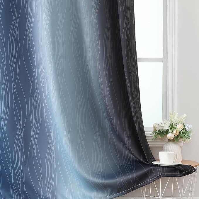 Estelar Textiler Navy Blue and Black Ombre Blackout Curtains 63 Inch Length 2 Panels Set, Full Room Darkening Grommet Curtains for Bedroom, Thermal Insulated Light Blocking Gradient Drapes,52Wx63L
