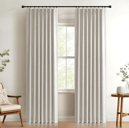 100% Blackout Shield Linen Look Textured Pinch Pleated Curtains Blackout Drapes 120 Inch Long 2 Panels Set, Faux Linen Blackout Curtains for Bedroom & Living Room, 40" W x 120" L, Beige