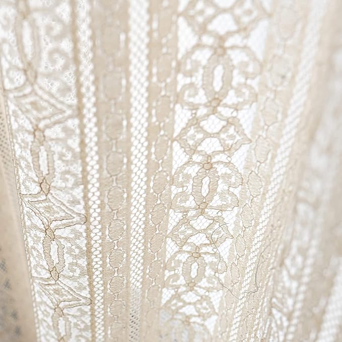 Sutuo Home Boho Sheer Curtain Valance Crochet Lace with Bohemian Hollow Knitted Handmade Tassels, Short Rustic Window Treatment for Kitchen Cafe, Rod Pocket, 1 Panel 59" W x 18" L, Beige