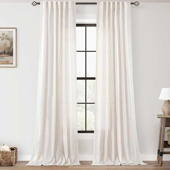 Natural Linen Curtain 102 inch Length 2 Panels Set Back Tab Light Filtering Living Room Curtain Drapes Home Office Modern Minimalist Decor Farmhouse Boho Neutral Cream Semi Sheer Curtain 102 inch Long