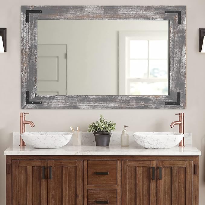 YOSHOOT Rustic Wooden Framed Wall Mirror, 48"x30", Natural Wood Bathroom Vanity Mirror for Farmhouse Decor, Vertical or Horizontal Hanging